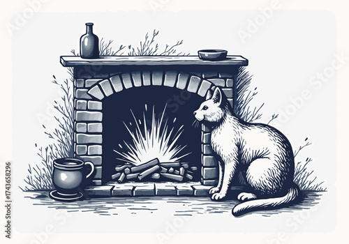 Barn cat sitting beside a warm fireplace, with a cozy ambiance created by the crackling fire and rustic decor, evoking a sense of winter comfort and tranquility
