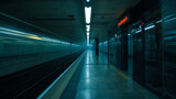Empty subway station in soft diffused light, cinematic long exposure highlights glowing signage reflections, cold industrial color palette conveys quiet melancholy, minimalist composition