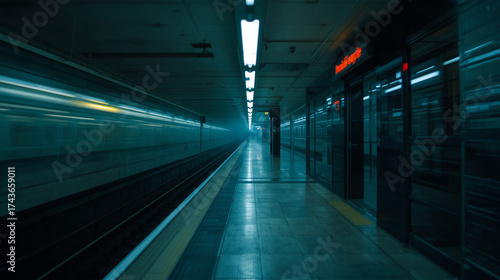 Empty subway station in soft diffused light, cinematic long exposure highlights glowing signage reflections, cold industrial color palette conveys quiet melancholy, minimalist composition