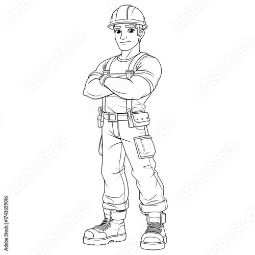 Line art illustration of a construction worker with arms crossed wearing a hard hat and work boots