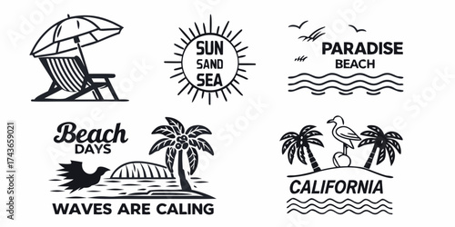 Collection of vintage style beach and summer vacation icons and emblems