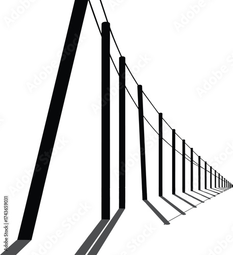Tall utility poles with perspective depth, electrical wires stretching into distance, strong shadows on ground, industrial infrastructure, vanishing point composition
