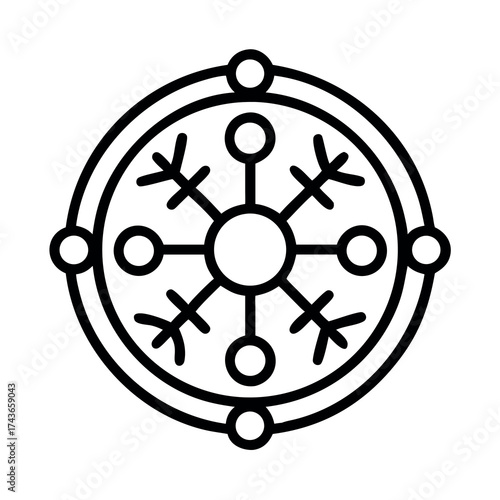Stylized snowflake icon with circular border and four outer circles