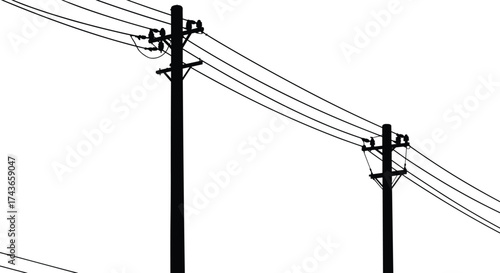 Utility poles with power lines, electricity distribution infrastructure, silhouetted wooden poles, crossarms and insulators, urban energy supply, electrical engineering,