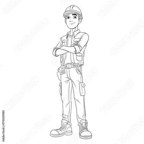 Line art illustration of a construction worker with arms crossed wearing a hard hat and work clothes
