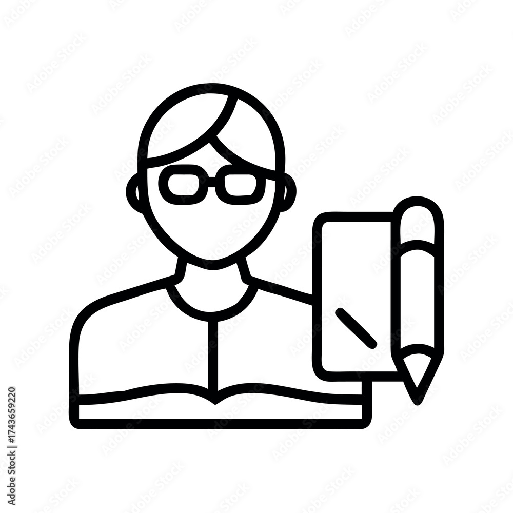 Fototapeta premium Stylized line art icon of a person wearing glasses holding a pencil and open book