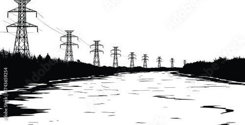High voltage transmission towers, power lines over river, electricity pylons landscape, energy infrastructure, water reflection, industrial engineering, utility corridor,