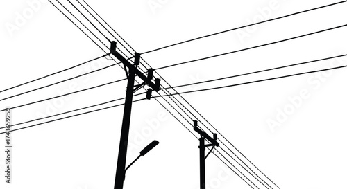 Silhouette of utility poles with power lines, streetlight, urban infrastructure, electricity network, industrial energy grid, suburban skyline, dramatic contrast, geometric composition, 