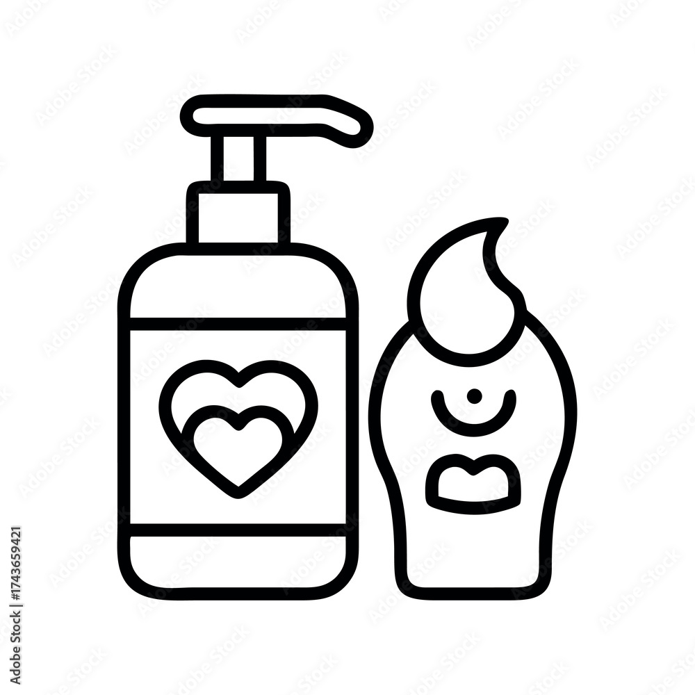Fototapeta premium Line art of a pump bottle with a heart symbol and a doll shaped dispenser