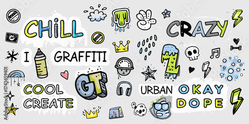 Graffiti style doodles and typography elements for urban art and creative design