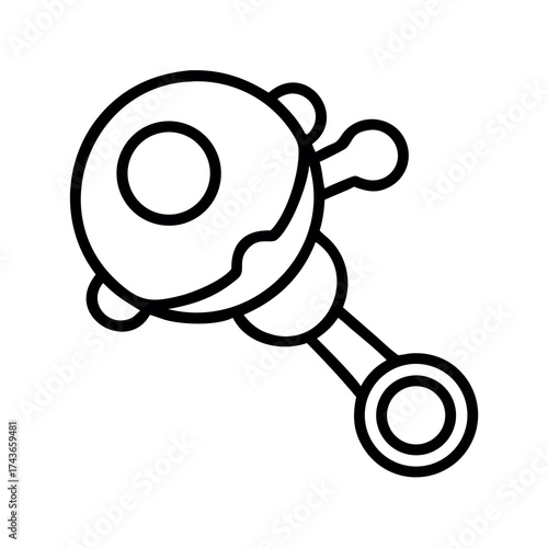 Simple line drawing of a classic baby rattle with a round head and handle