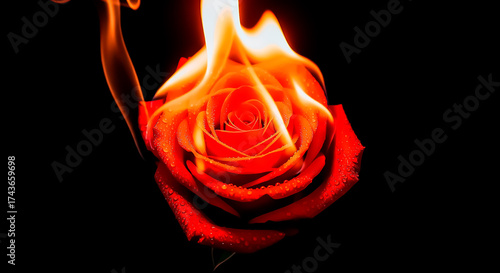 Burning red rose on black background symbolizing passion, love, and intensity in dark conceptual art composition