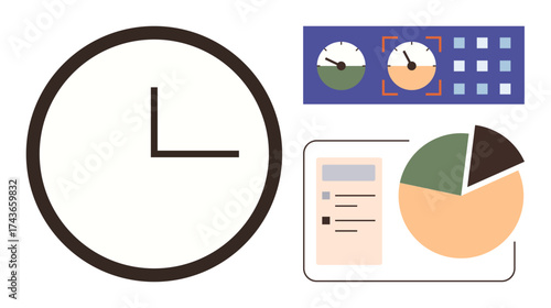 Large clock with pie chart, checklist, dashboard gauges, and grid layout. Ideal for productivity, planning, organization, timeline, workflow analytics minimalistic design simple flat metaphor