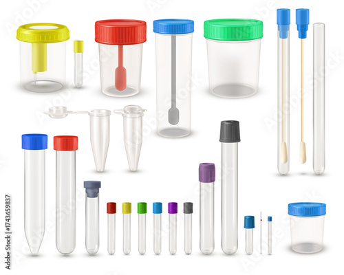 Medical containers for assembling human biomaterial, vector realistic empty transparent test tubes laboratory analysis