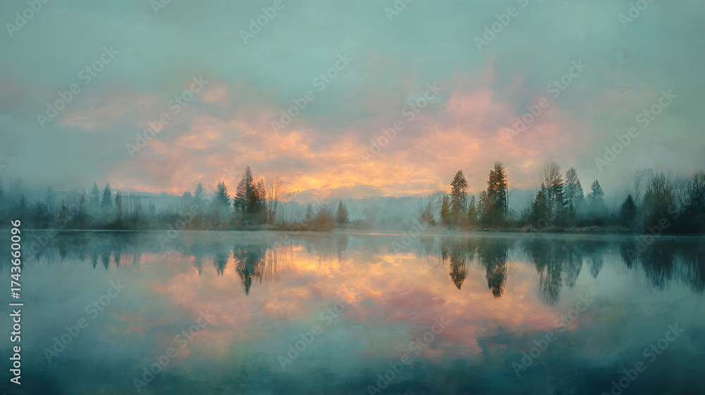 Fototapeta premium Calm lake at dusk soft pastel reflections painterly
