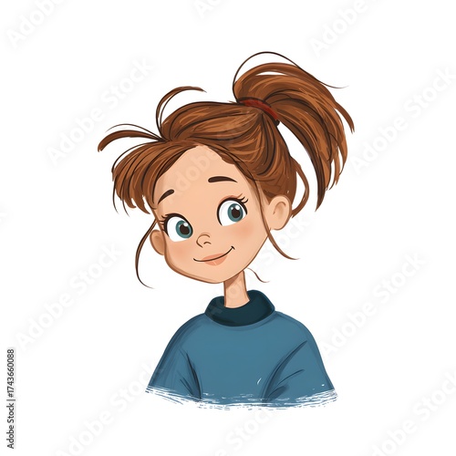 Cartoon illustration of a girl with brown hair in a ponytail wearing a blue sweater on white background