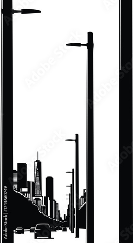 Urban city street illustration with tall streetlights, modern skyscraper skyline, cars in silhouette, minimalistic design, perspective depth, abstract night scene, metropolitan infrastructure artwork