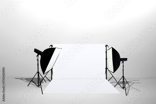 Minimalist studio lighting setup with softbox lights, stands, and a white backdrop. Copy space. Product shooting, e-commerce, portrait, and general studio. Professional setup for showcasing products