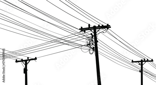 Silhouette of utility poles with power lines, electricity distribution network, urban infrastructure, industrial energy grid, electrical cables, dramatic sky background, abstract pattern, technology, 