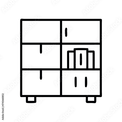 Simple line art icon of a modern storage cabinet with shelves and drawers