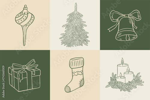 Hand draw vintage Christmas decoration set. Doodle Xmas tree, bauble, stocking, gift box, candle, bell vector illustration. New Year greeting card, invitation, social media