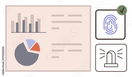 Bar chart, pie chart, security checkmark, fingerprint scan, alert icon. Ideal for data visualization, cybersecurity, authentication analytics monitoring safety system alerts. Clean flat metaphor