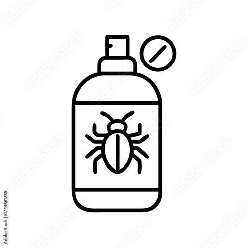 Line art icon representing a bottle of insecticide with a bug symbol and a prohibition sign