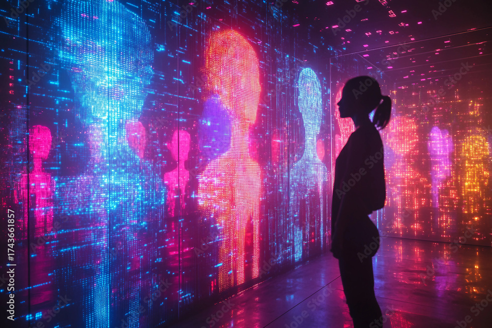 Obraz premium Futuristic virtual reality glasses reflecting digital holographic interface in cyberpunk-inspired generative AI scene