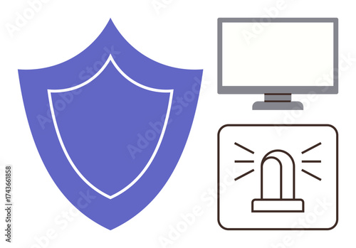 Blue shield, computer monitor, and flashing siren convey cybersecurity, protection, data privacy, and emergency alerts. Ideal for online security, data protection, warning systems emergency safety