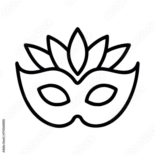 Simple outline drawing of a decorative venetian masquerade mask with petal like embellishments