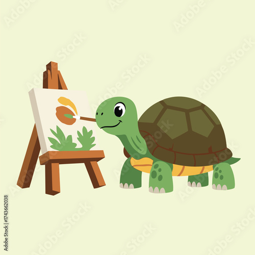 A green turtle is painting on a canvas with a paintbrush bundle design