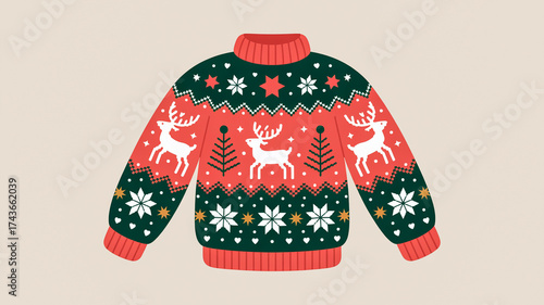 Festive Red and Green Christmas Sweater with Reindeer and Snowflake Patterns jumper holiday