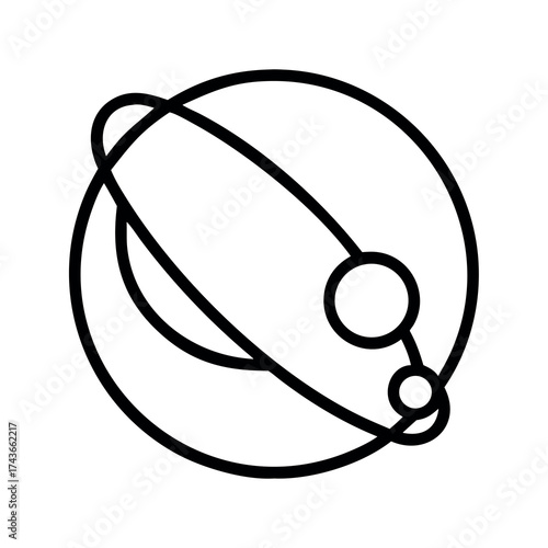 Abstract line art depicting a planet with multiple orbiting moons and rings