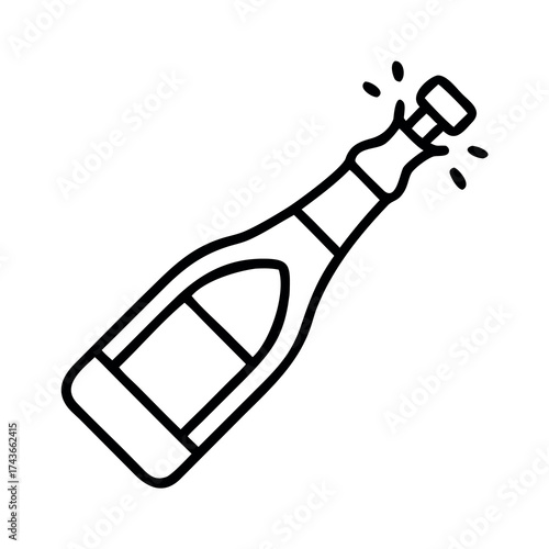Hand drawn illustration of a champagne bottle popping open with a cork flying out