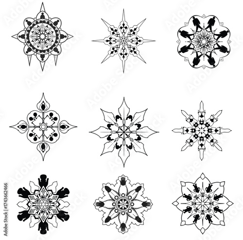 A premium white and black mandala design and vector silhouette design