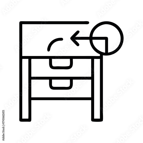 Icon representing a desk with drawers and an arrow pointing to the corner