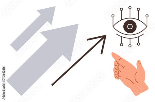 Arrows pointing upward, an abstract eye symbol with circuitry detail, and a guiding hand gesture. Ideal for growth, vision, leadership, progress, innovation guidance future-driven strategy. A