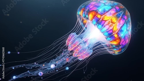 A bioluminescent jellyfish with iridescent colors drifts in dark water