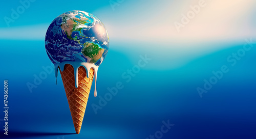 Earth-shaped ice cream cone floating on blue background symbolizing climate change, imagination, and global unity