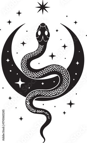 Black and white celestial vector graphic featuring a snake, crescent moon, and stars. Ideal for logo design, apparel, stickers, and spiritual/magical themes. A trendy esoteric illustration.