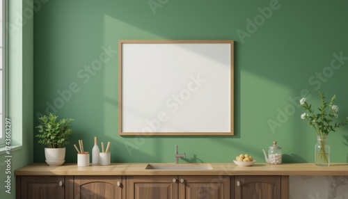 Wallpaper Mural Green wall with a wooden sideboard, framed blank board, and potted plants. Torontodigital.ca