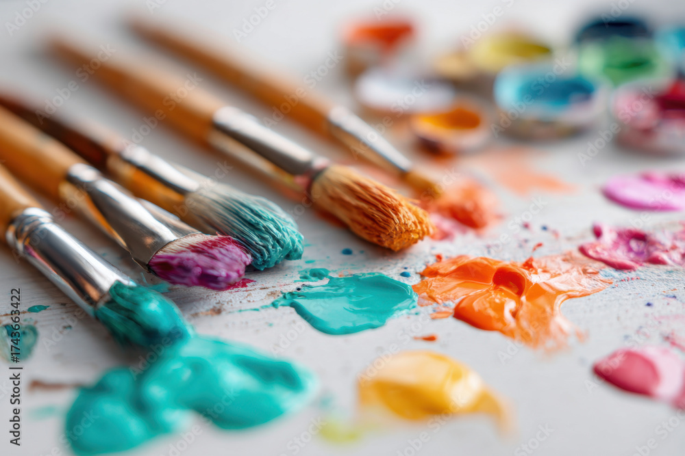Fototapeta premium Vibrant paint palette and brushes for artists