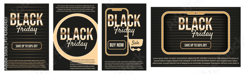 Black Friday poster set. Vector illustration of modern Luxury Black Friday poster cover collection with gold mobile phine screen frame. Luxury business Black Friday Sale theme 