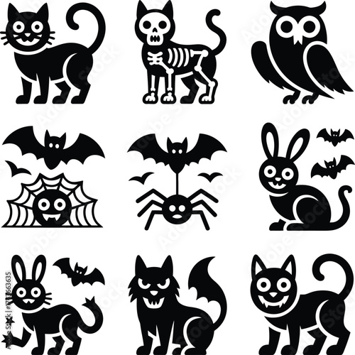 Black silhouette Halloween animals and creatures 