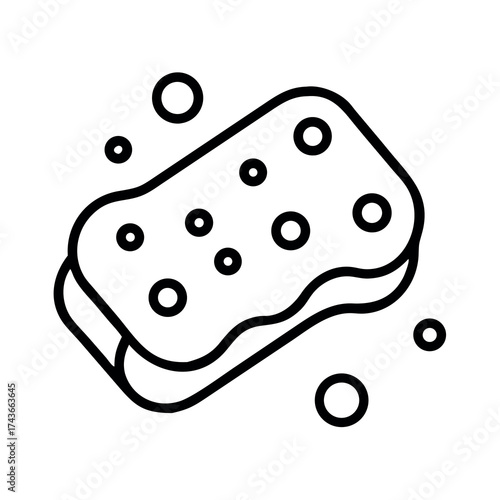 Simple line drawing of a sponge with bubbles indicating cleaning or washing activity