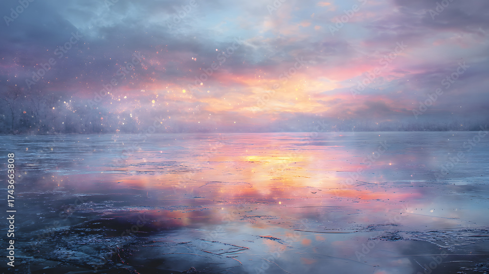 Fototapeta premium Frozen lake with thin glowing ice surreal winter landscape