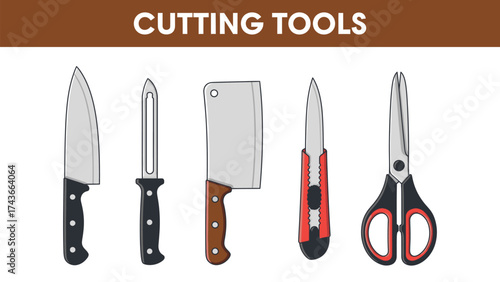 Various kitchen and workshop cutting tools arranged neatly bundle design