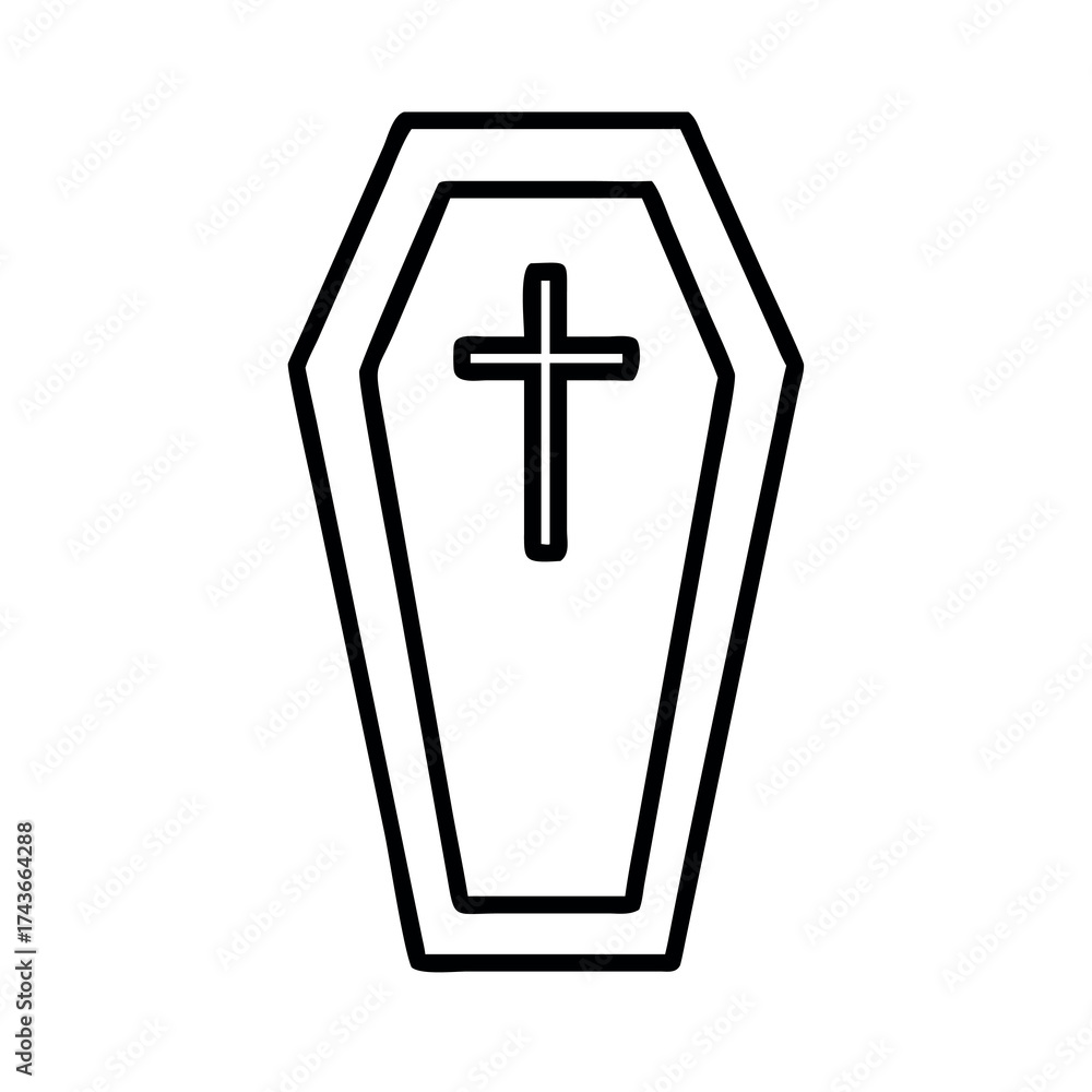 Obraz premium Simple outline drawing of a coffin with a cross symbol on top
