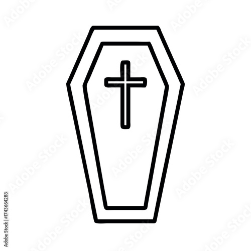 Simple outline drawing of a coffin with a cross symbol on top