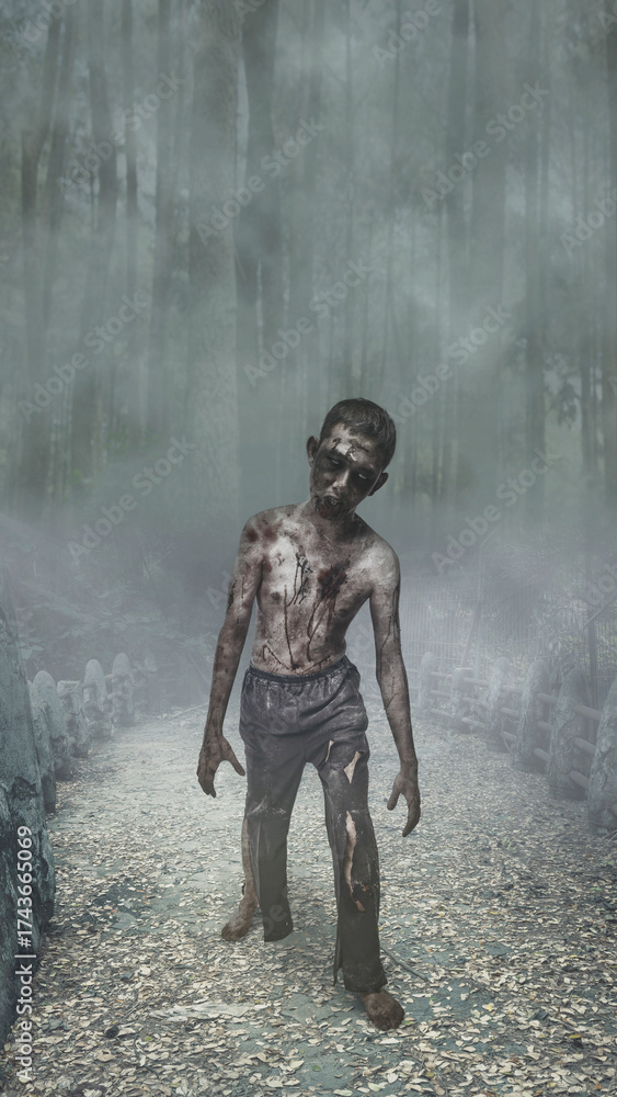 Naklejka premium Indonesian southeast asian scary male zombie with a wound and blood haunted the old stone bridge. The scene is scary and creepy. Dramatic smoke or fog effect. Concept of Spooky Halloween
